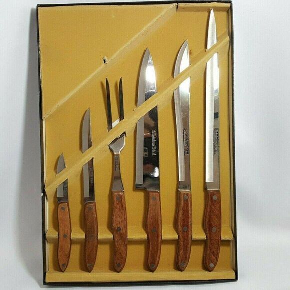 NIB Vintage Stainless Steel Carving Cutlery Set 6pc Pin Set Wood Handles Japan - Picture 1 of 4